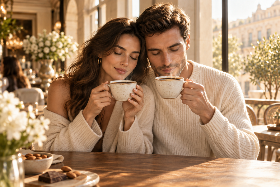 Almond Coffee — a woman and man enjoying the aroma of steaming coffee in a sunlit café