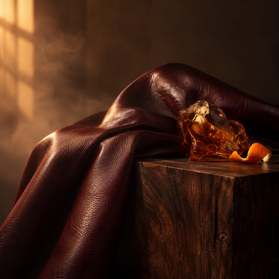 Crown fragrance mood: burgundy leather, warm amber and tangerine