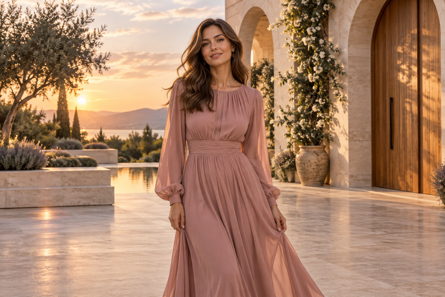 Ember — woman in a rose-toned dress in a bright golden-hour courtyard