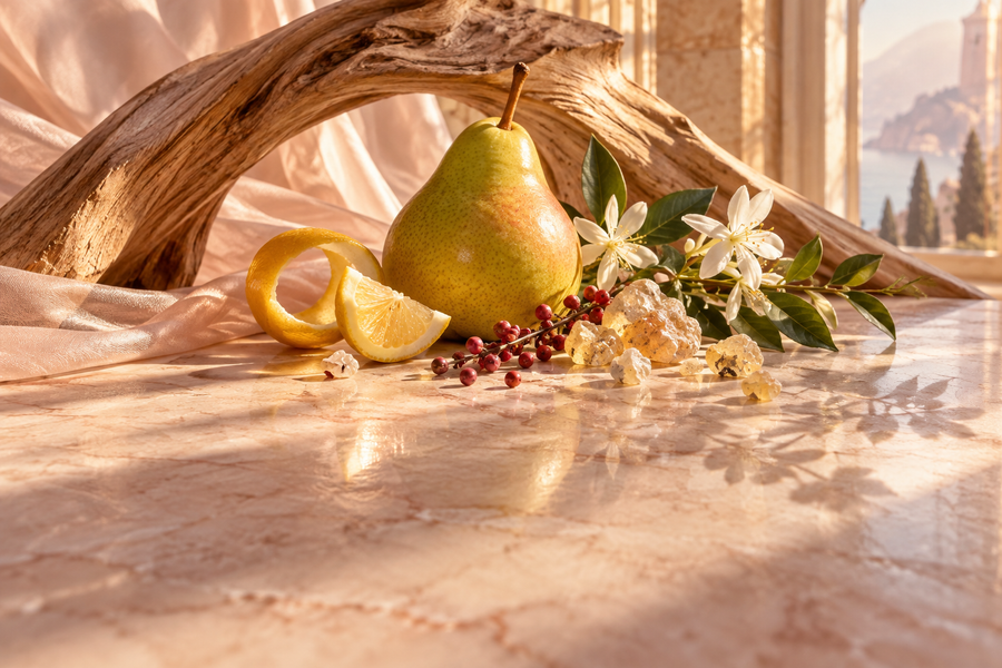 Ember — pear, citrus, pink pepper, jasmine and olibanum with warm woods