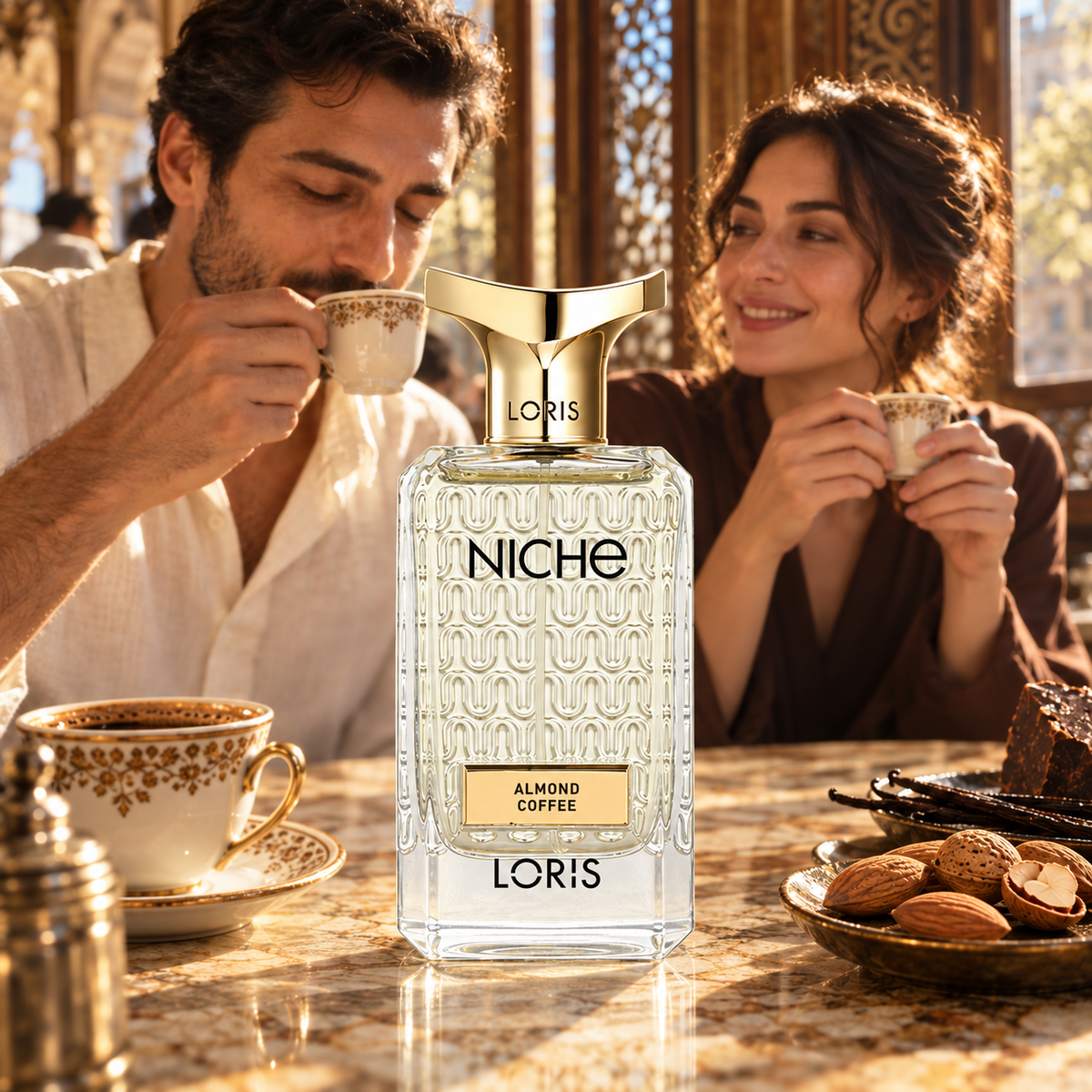 Loris almond coffee perfume bottle prominently displayed against its creative fragrance-inspired setting.