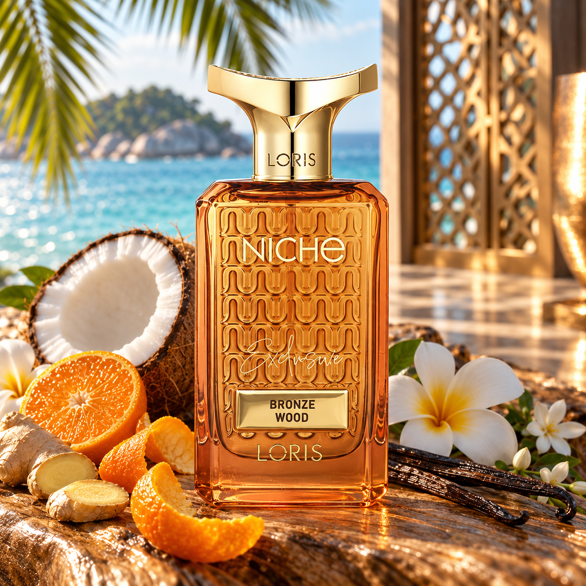 Loris bronze wood perfume bottle prominently displayed against its creative fragrance-inspired setting.