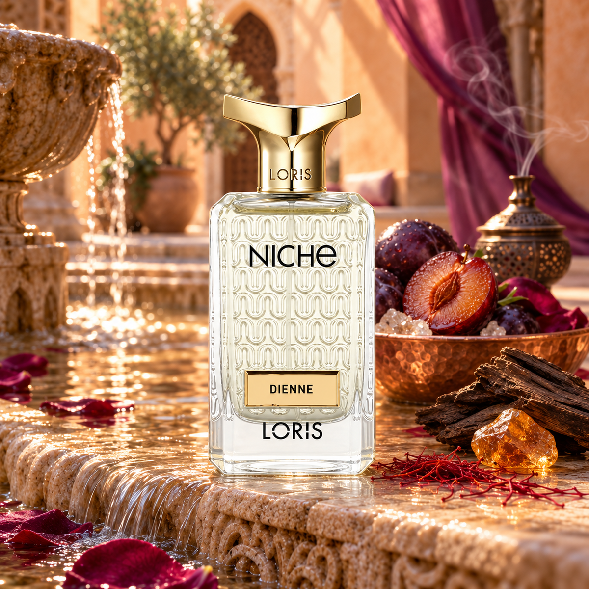 Loris dienne perfume bottle prominently displayed against its creative fragrance-inspired setting.