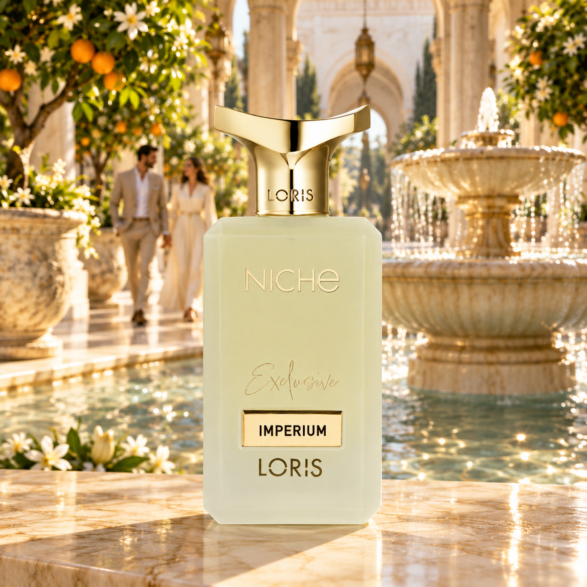 Loris imperium perfume bottle prominently displayed against its creative fragrance-inspired setting.