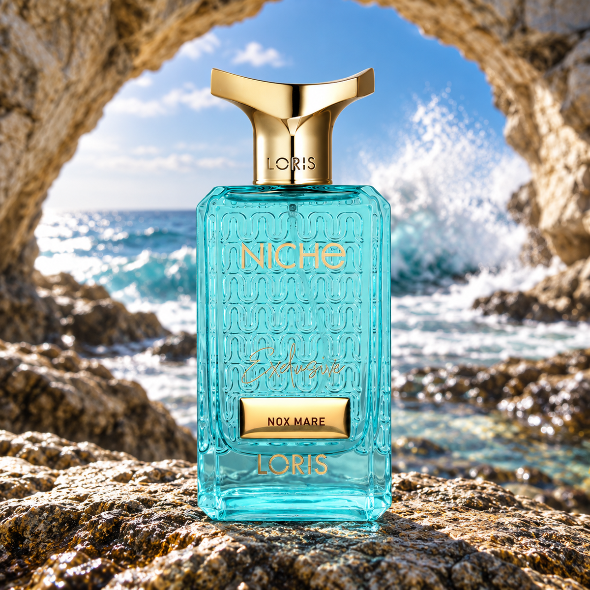 Loris nox mare perfume bottle prominently displayed against its creative fragrance-inspired setting.