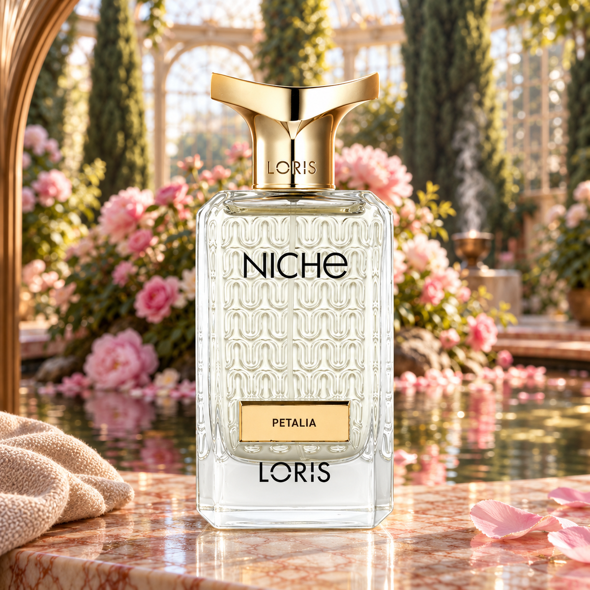 Loris petalia perfume bottle prominently displayed against its creative fragrance-inspired setting.
