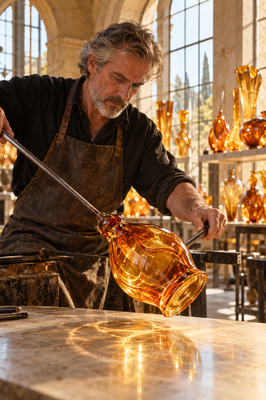 saffron ambre: amber glass atelier, creative fragrance atmosphere.