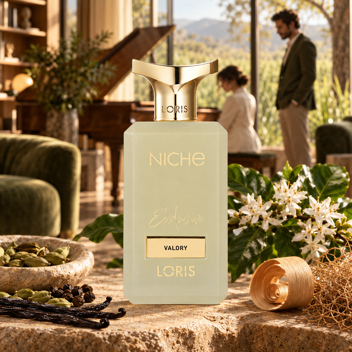 Loris valory perfume bottle prominently displayed against its creative fragrance-inspired setting.