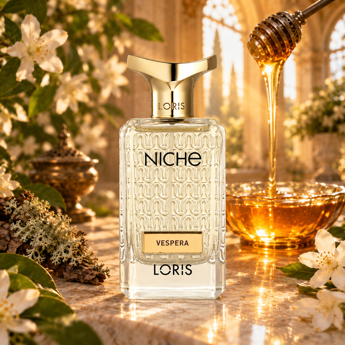 Loris vespera perfume bottle prominently displayed against its creative fragrance-inspired setting.