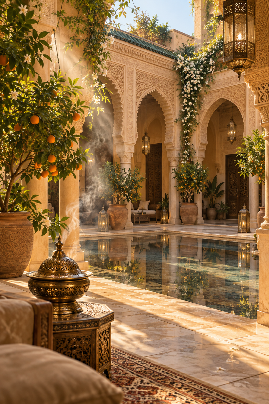 vespera: golden courtyard, creative fragrance atmosphere.