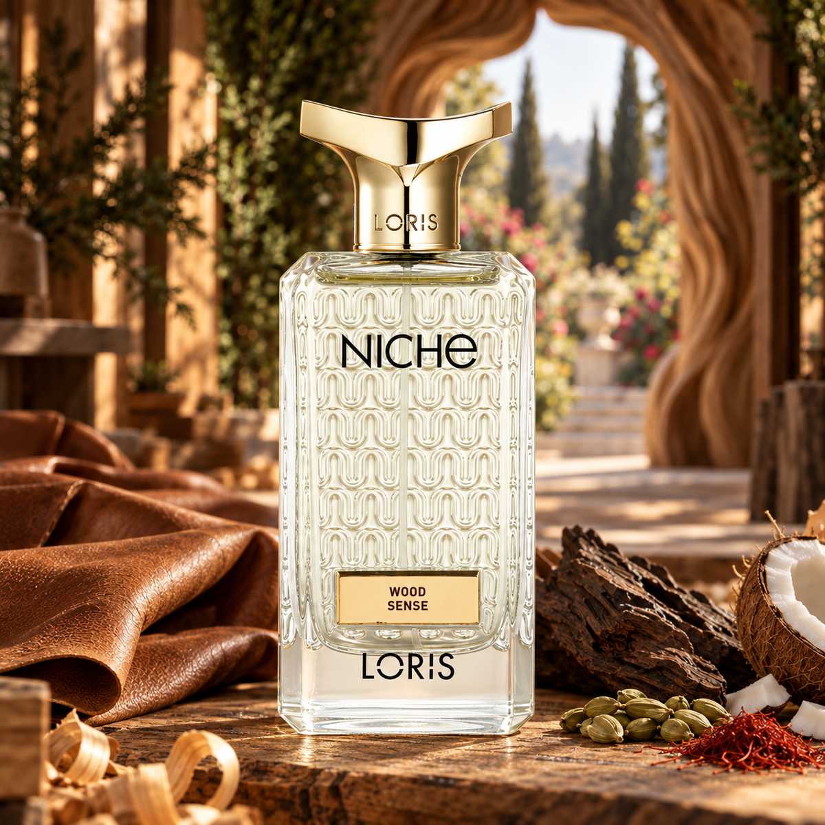 Loris wood sense perfume bottle prominently displayed against its creative fragrance-inspired setting.