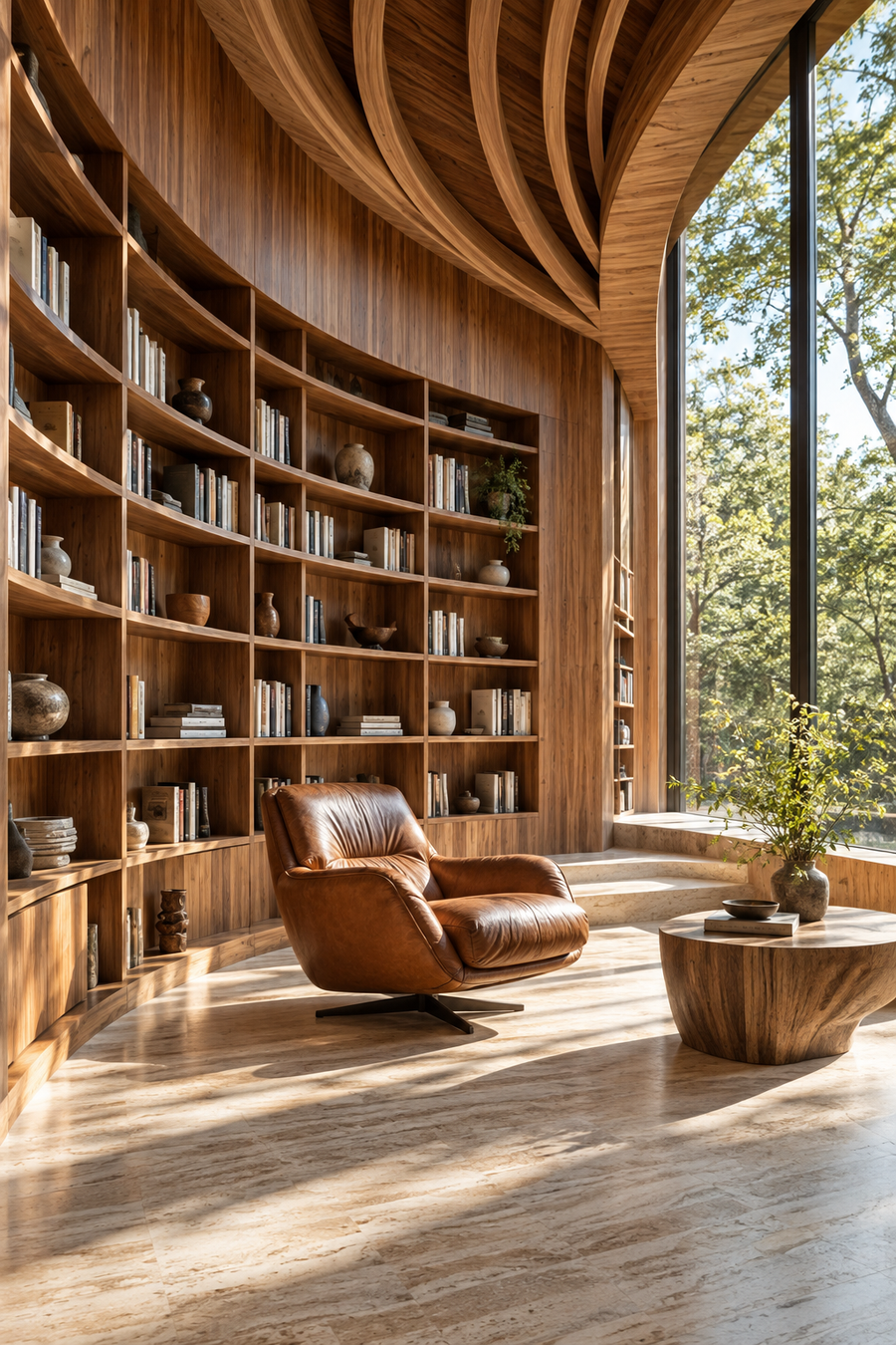 wood sense: sculptural library, creative fragrance atmosphere.