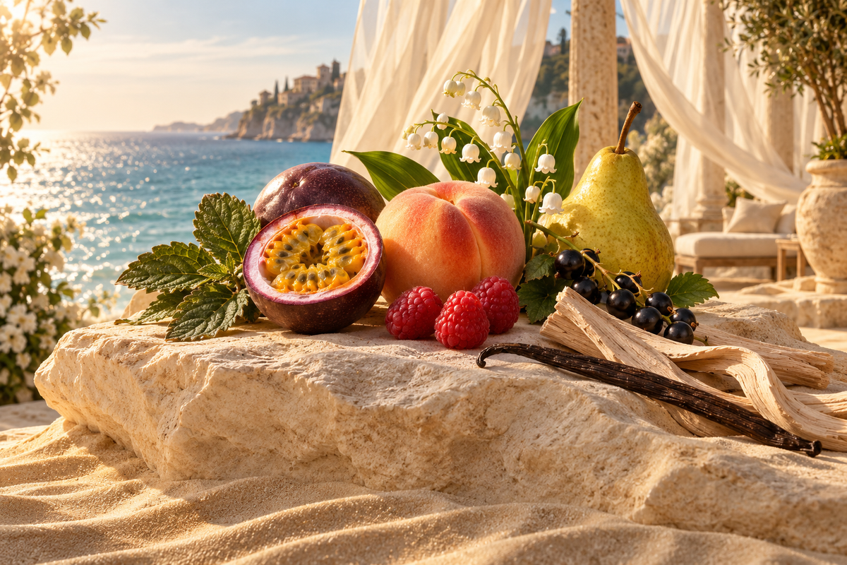 Passion Delight — passion fruit, peach, berries and lily of the valley in a bright coastal setting