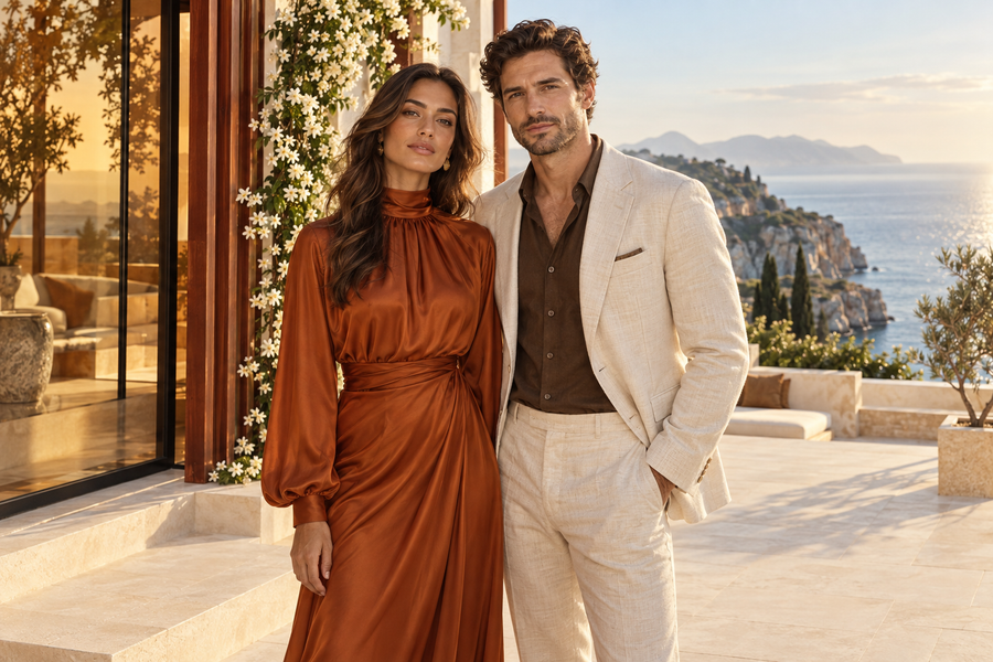 Saffron Ambre — man and woman on a luminous coastal terrace