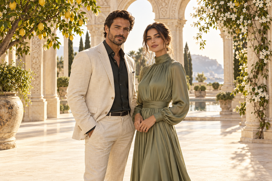 Sultan’s Magic — man and woman in a luminous palace garden