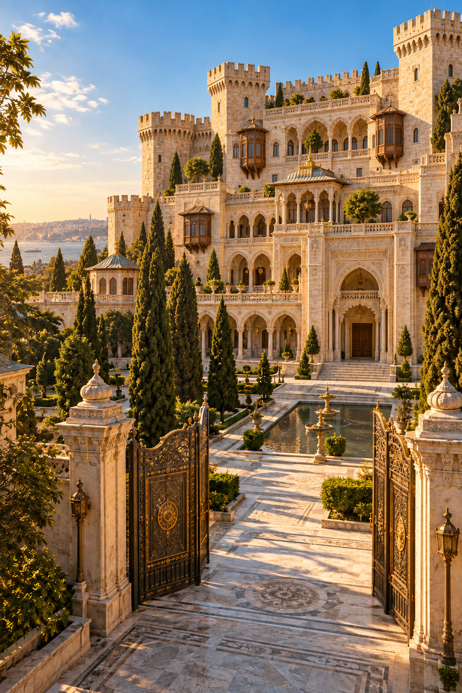 Sultan’s Magic: a grand royal castle with carved stone towers and sunlit palace gardens.