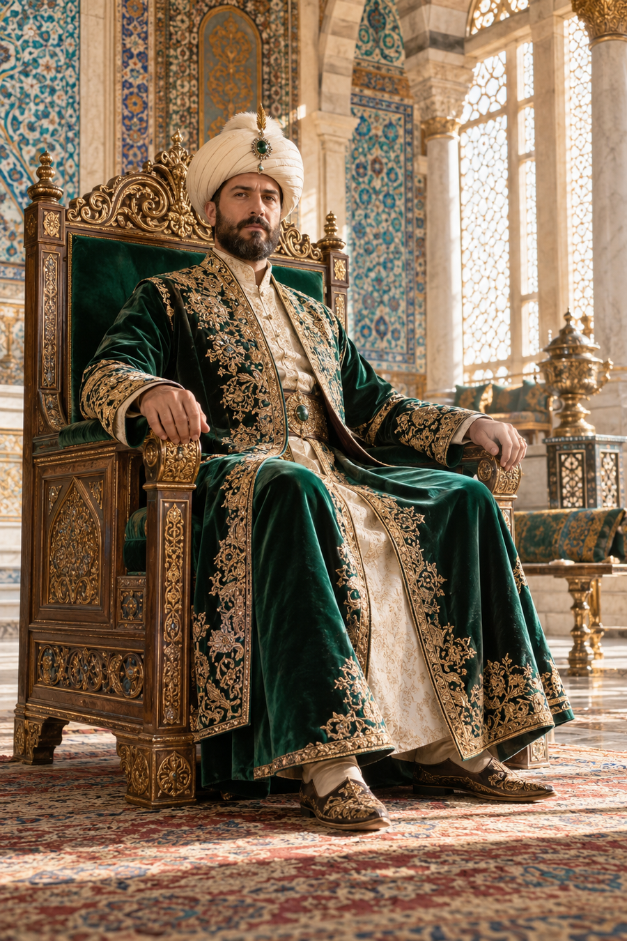 Sultan’s Magic: a regal sultan seated on an ornate throne in a sunlit palace.
