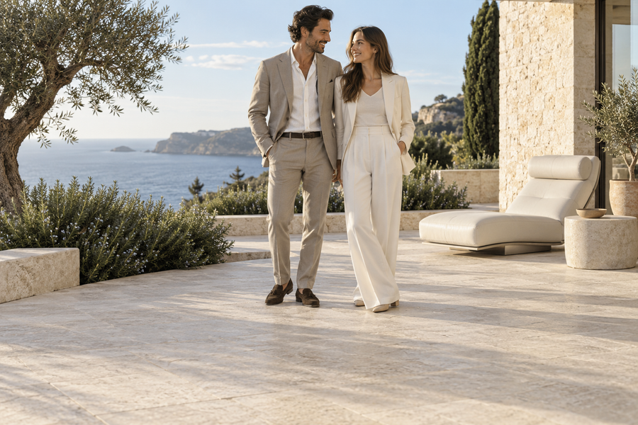 White Leather — man and woman on a bright Mediterranean terrace