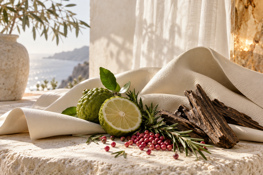 White Leather — ivory leather, bergamot, pink pepper and oud in sunlight