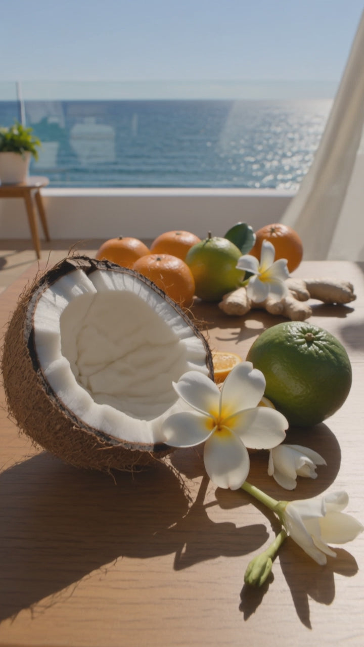 Bronze Wood fragrance atmosphere — mandarin, coconut and tropical flowers